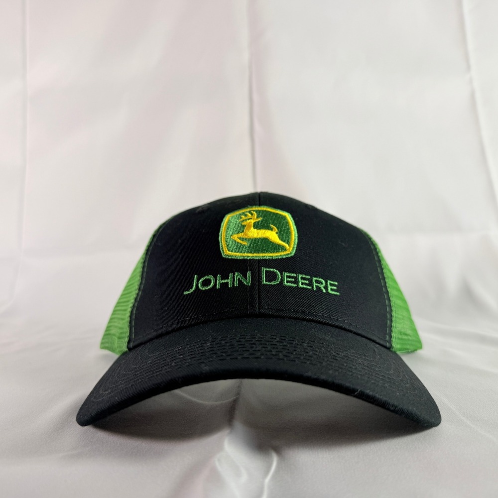 John Deere Mens Logo Trucker Hat Black Green Size OSFM Snapback NWT